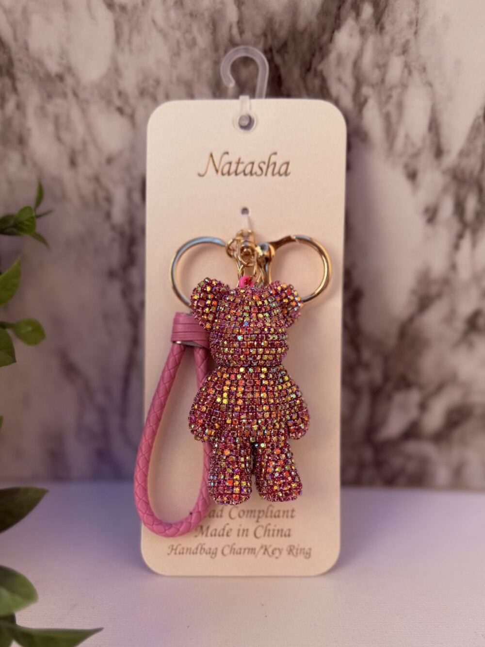 Natasha Rhinestone Bear Keychain Pink Sparkle Charm Wristlet Strap